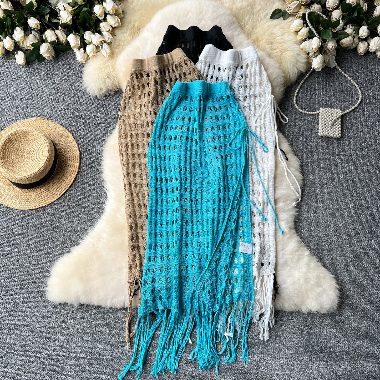 Sexy holiday hollow mesh skirt slit lace up outer knitted tassel beach skirt R2192