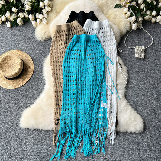Sexy holiday hollow mesh skirt slit lace up outer knitted tassel beach skirt R2192