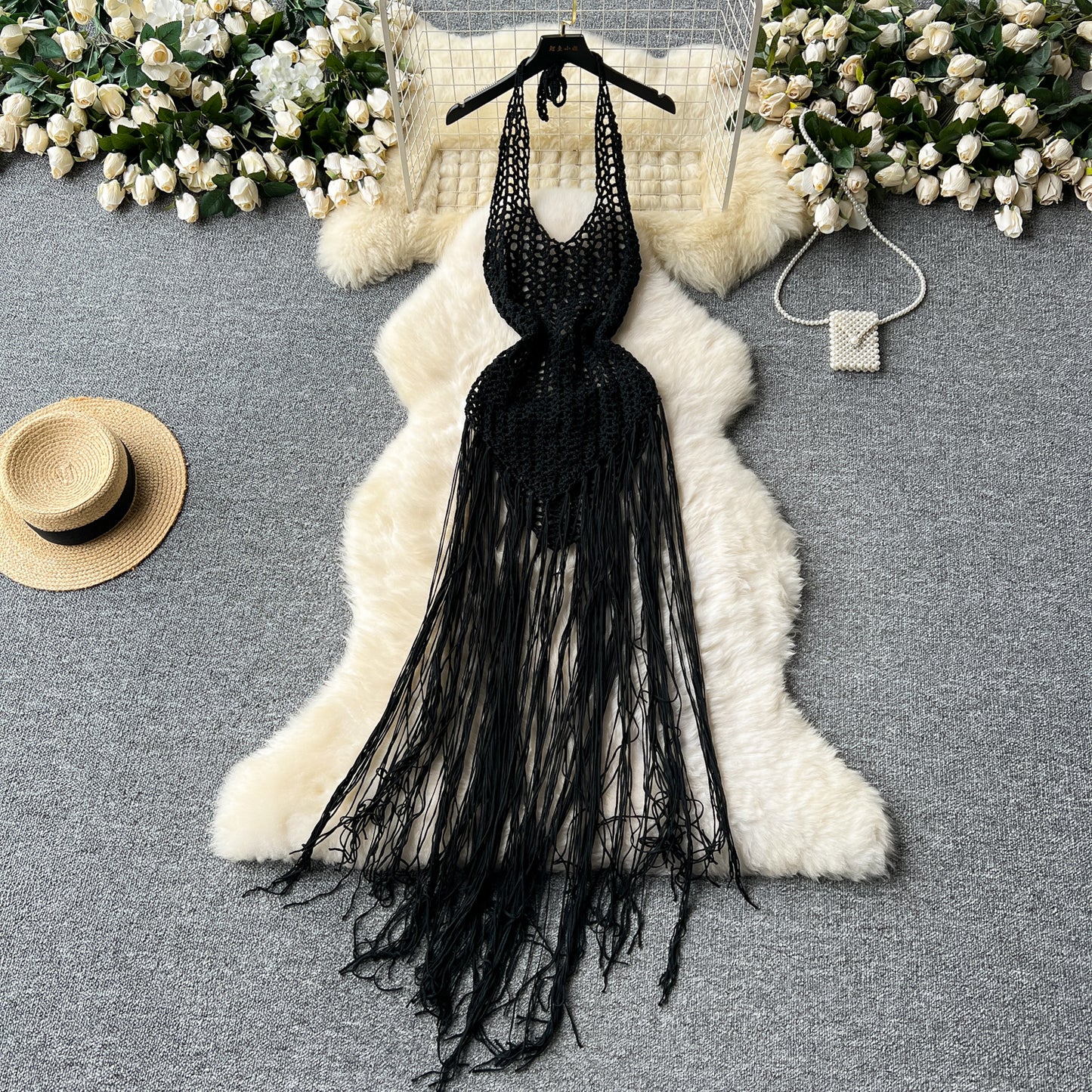 European and American sexy hollow lace knitted tassel blouse dress slim holiday top R2202