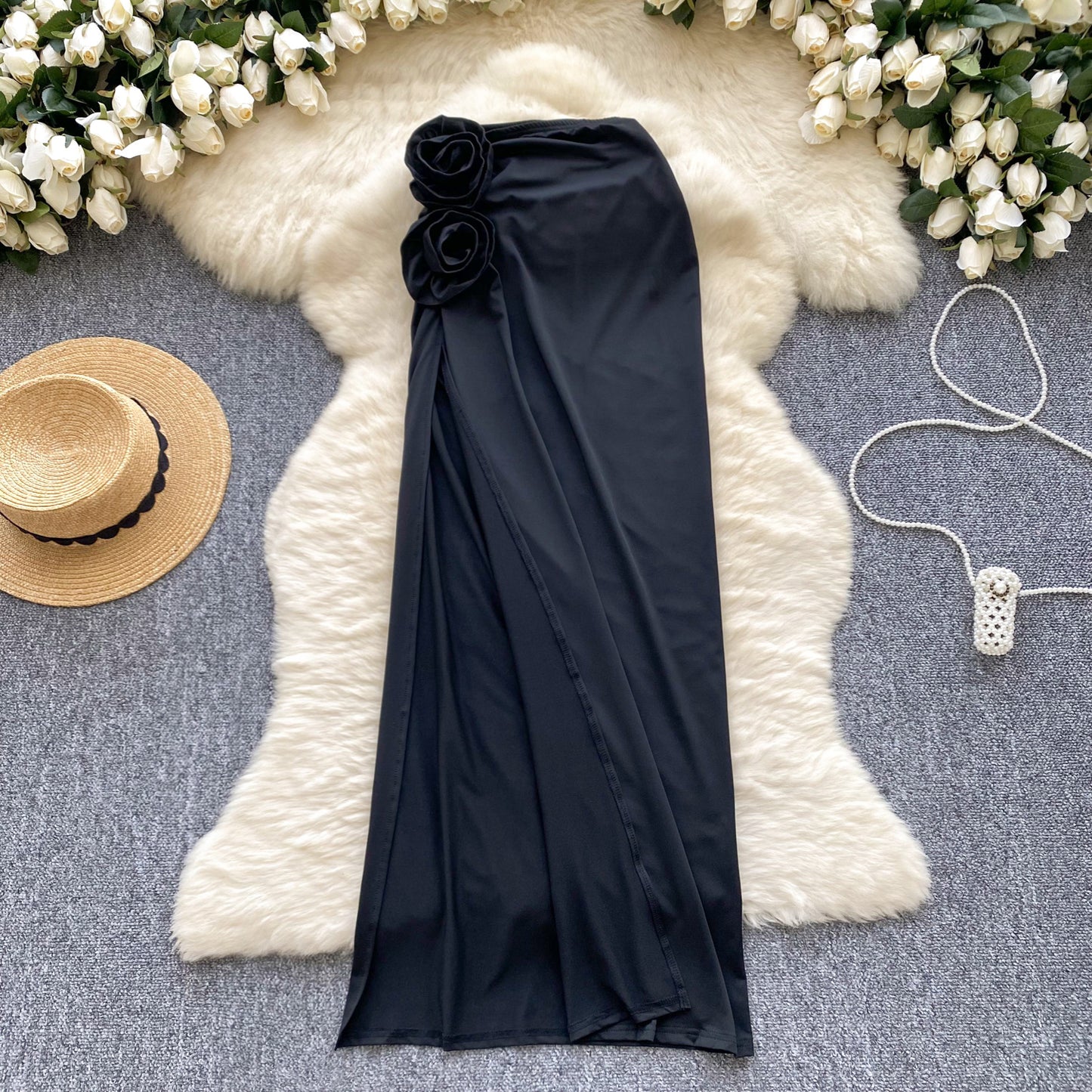 Sexy hot girl skirt design three-dimensional flowers high waist slim fit slit midi skirt R2195