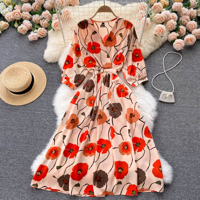 Dress goddess style temperament V-neck slim fit medium long retro print skirt R2206