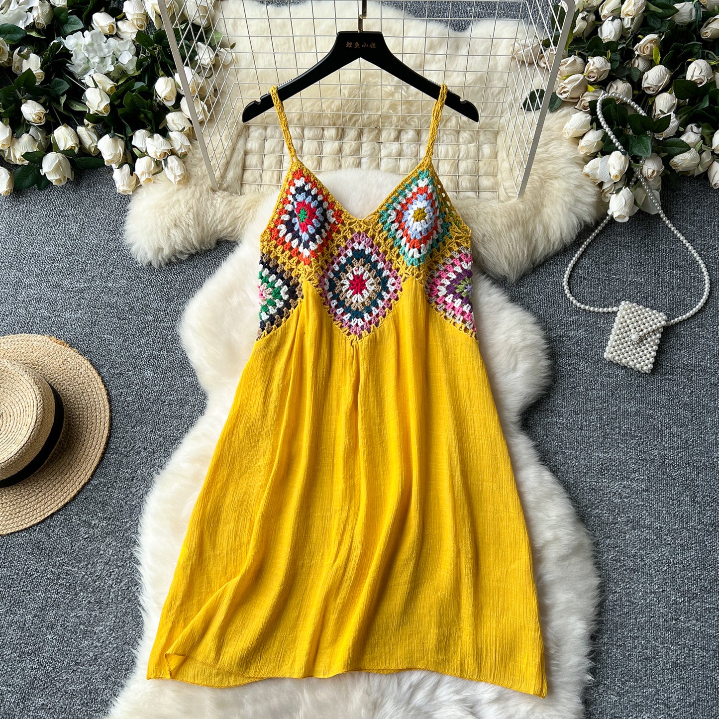 Bohemian holiday style suspender dress hollow color crochet stitching loose a-line beach skirt R2191