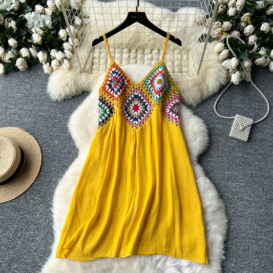 Bohemian holiday style suspender dress hollow color crochet stitching loose a-line beach skirt R2191