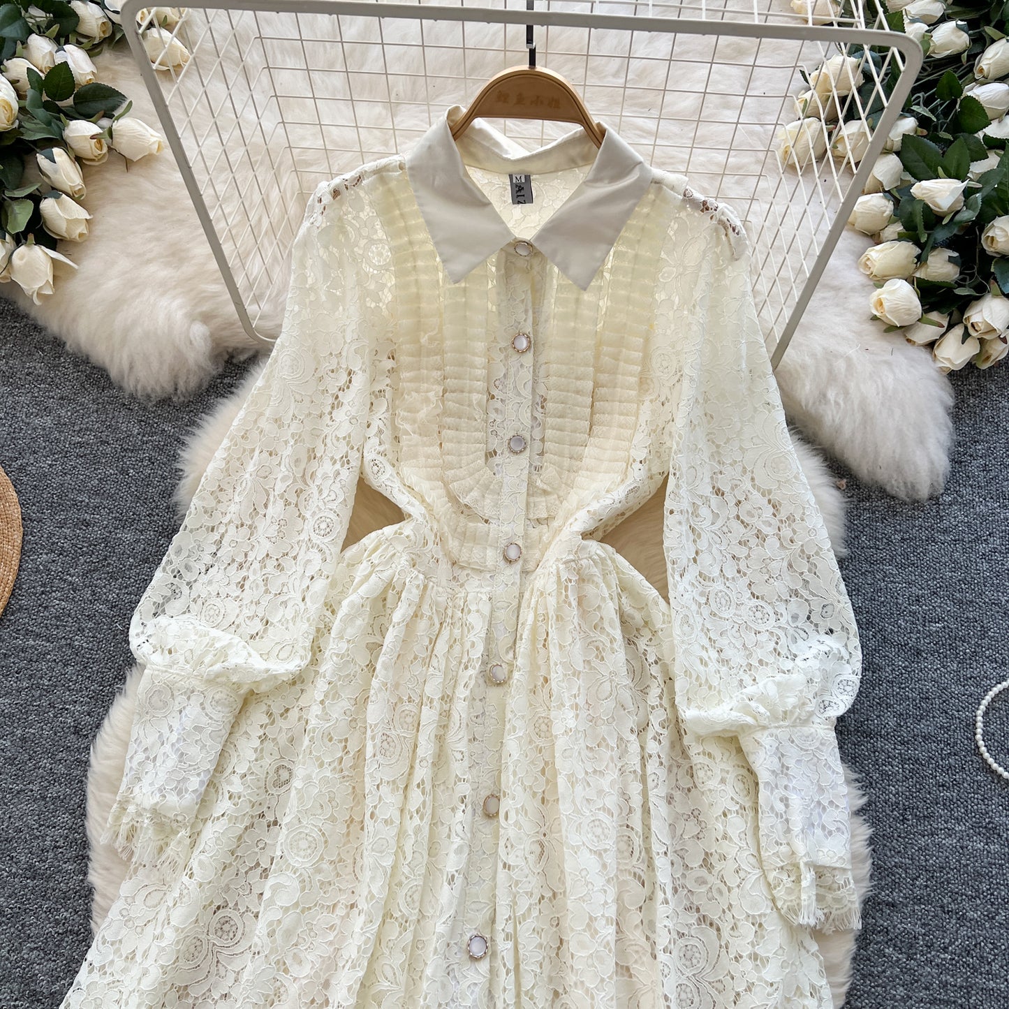 New style lapel heavy hook flower hollow French lace dress sexy long skirt R2306