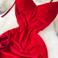 Red dress French retro velvet toast dress sexy heavy three-dimensional flower slit dress R2316