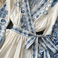 European and American palace style printed V-neck lantern long sleeve tie waist wide swing dress R2307