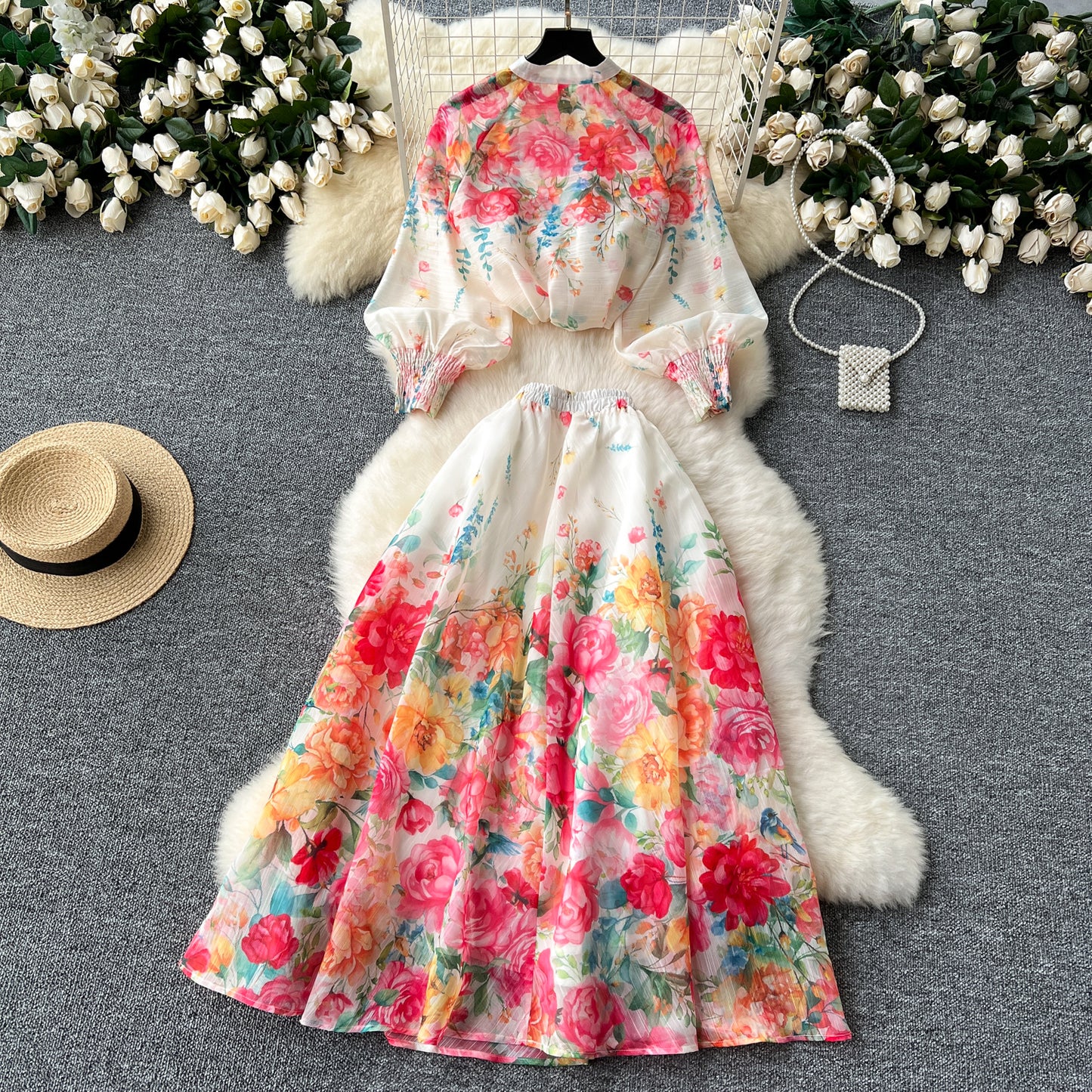 European and American style two-piece lantern sleeve button-down top high waist printed mesh skirt R2314