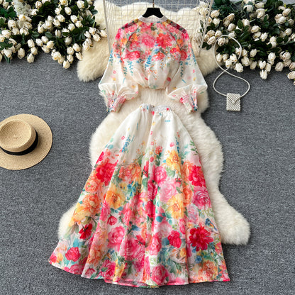 European and American style two-piece lantern sleeve button-down top high waist printed mesh skirt R2314