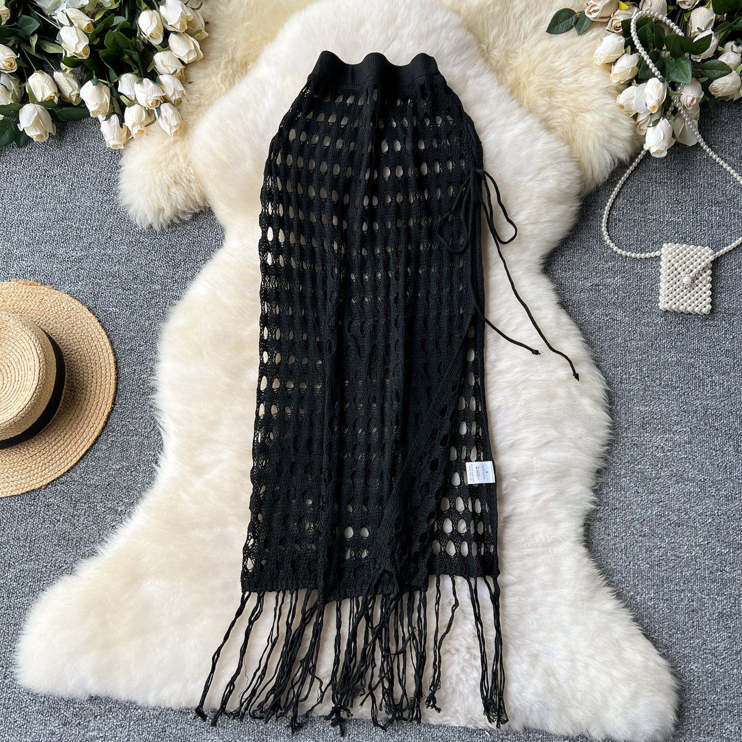 Sexy holiday hollow mesh skirt slit lace up outer knitted tassel beach skirt R2192