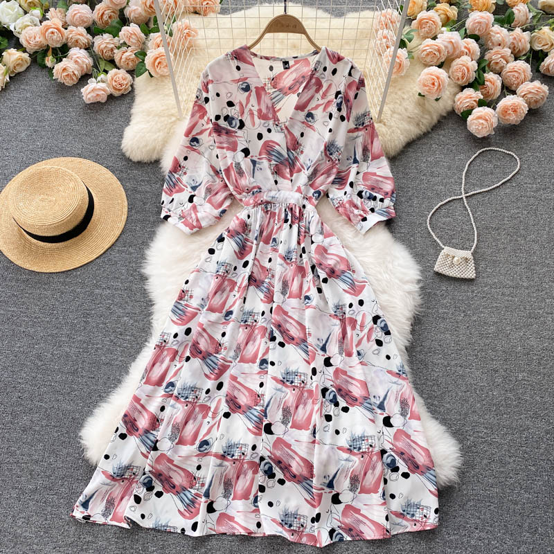 Dress goddess style temperament V-neck slim fit medium long retro print skirt R2206