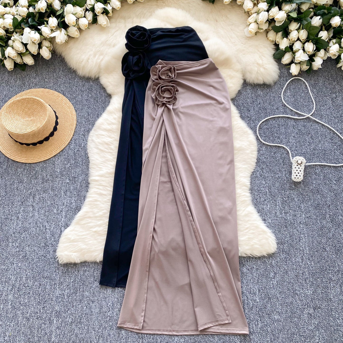 Sexy hot girl skirt design three-dimensional flowers high waist slim fit slit midi skirt R2195