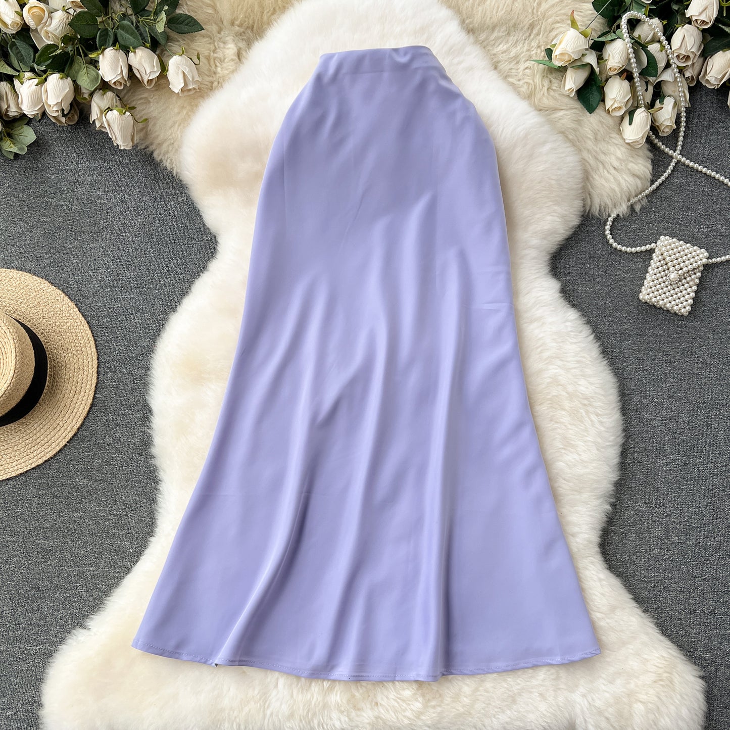 High-end satin skirt, high waist, slimming, medium-length fishtail skirt R2194