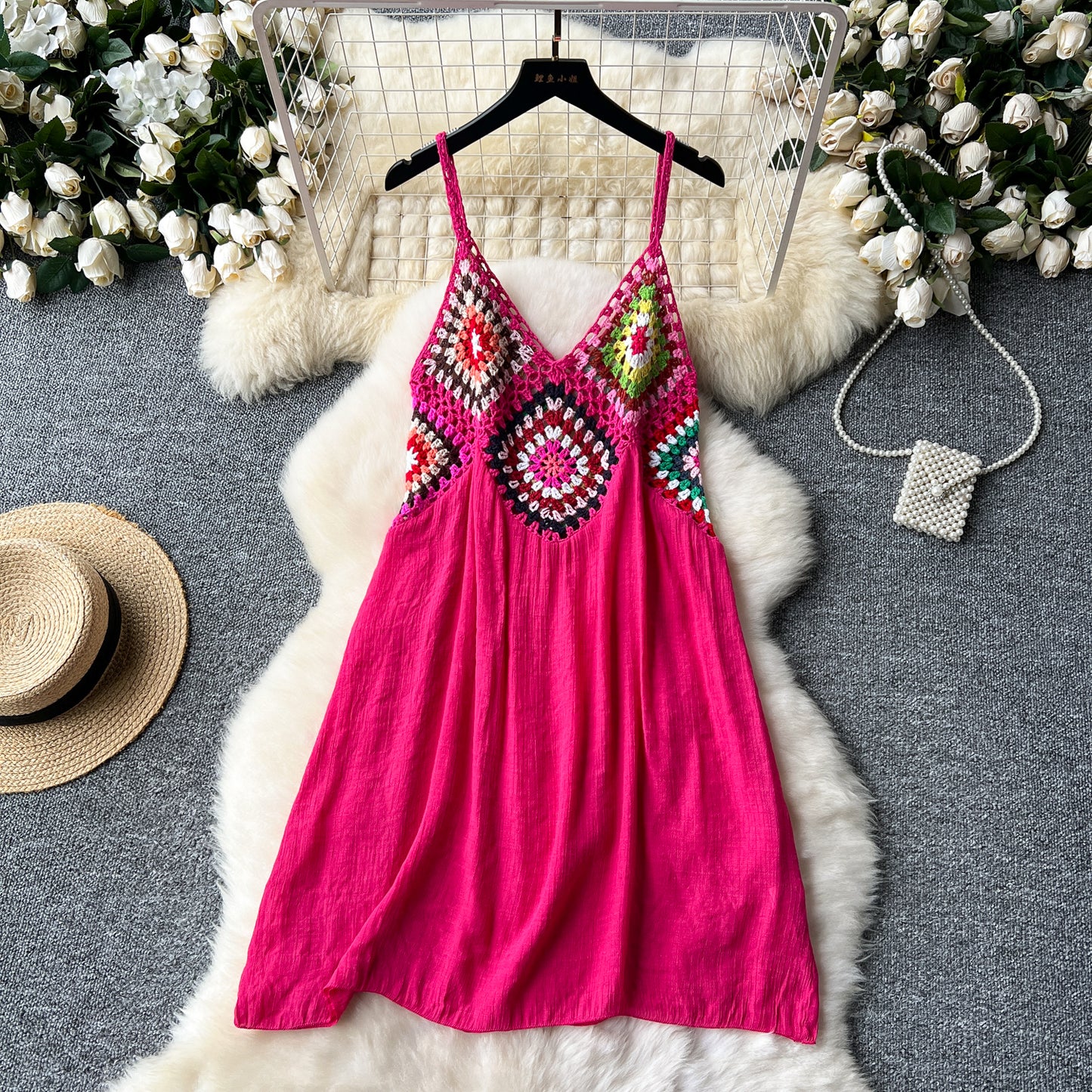 Bohemian holiday style suspender dress hollow color crochet stitching loose a-line beach skirt R2191