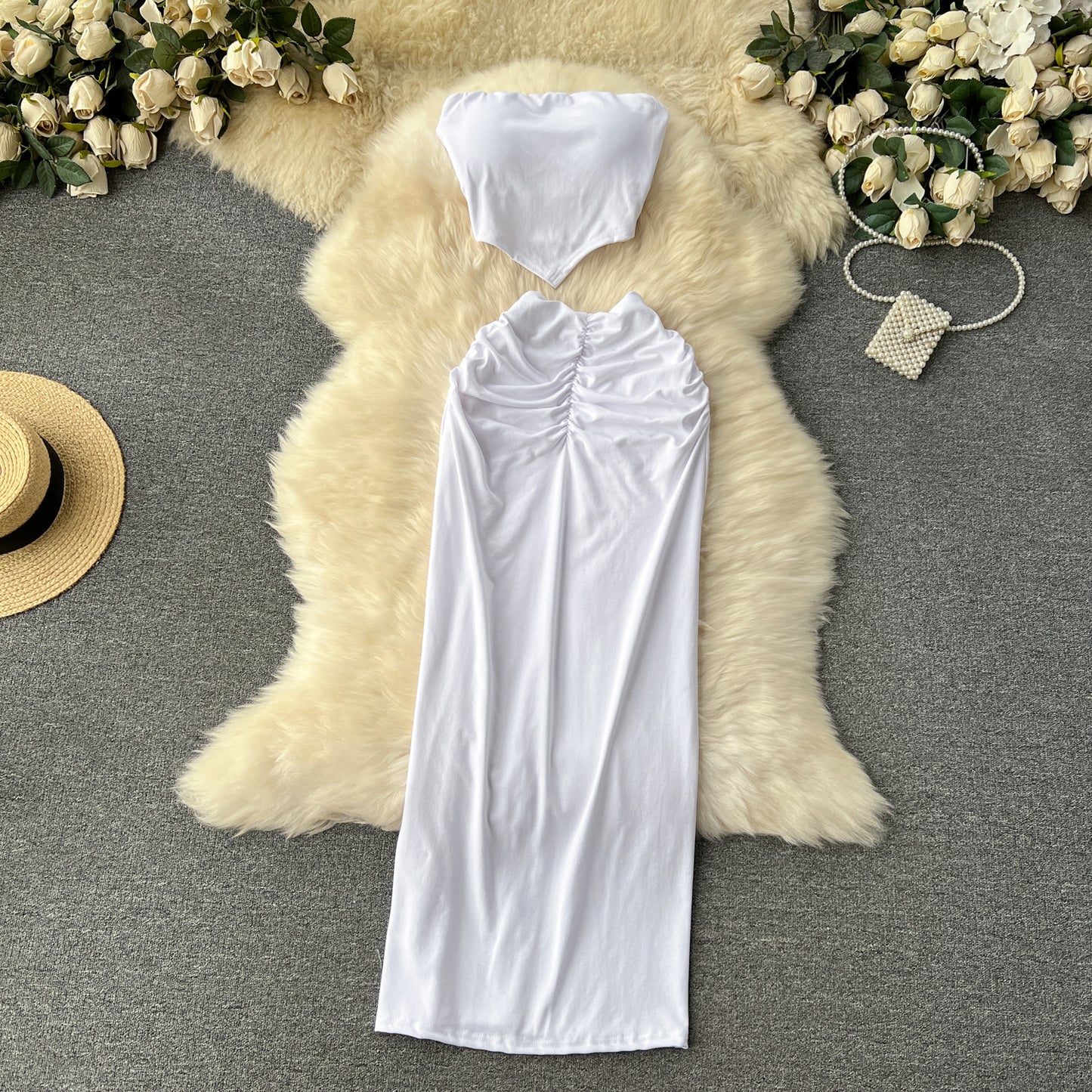 Hot girl style tube top short versatile pleated slim skirt fashionable two-piece skirt suit R2239