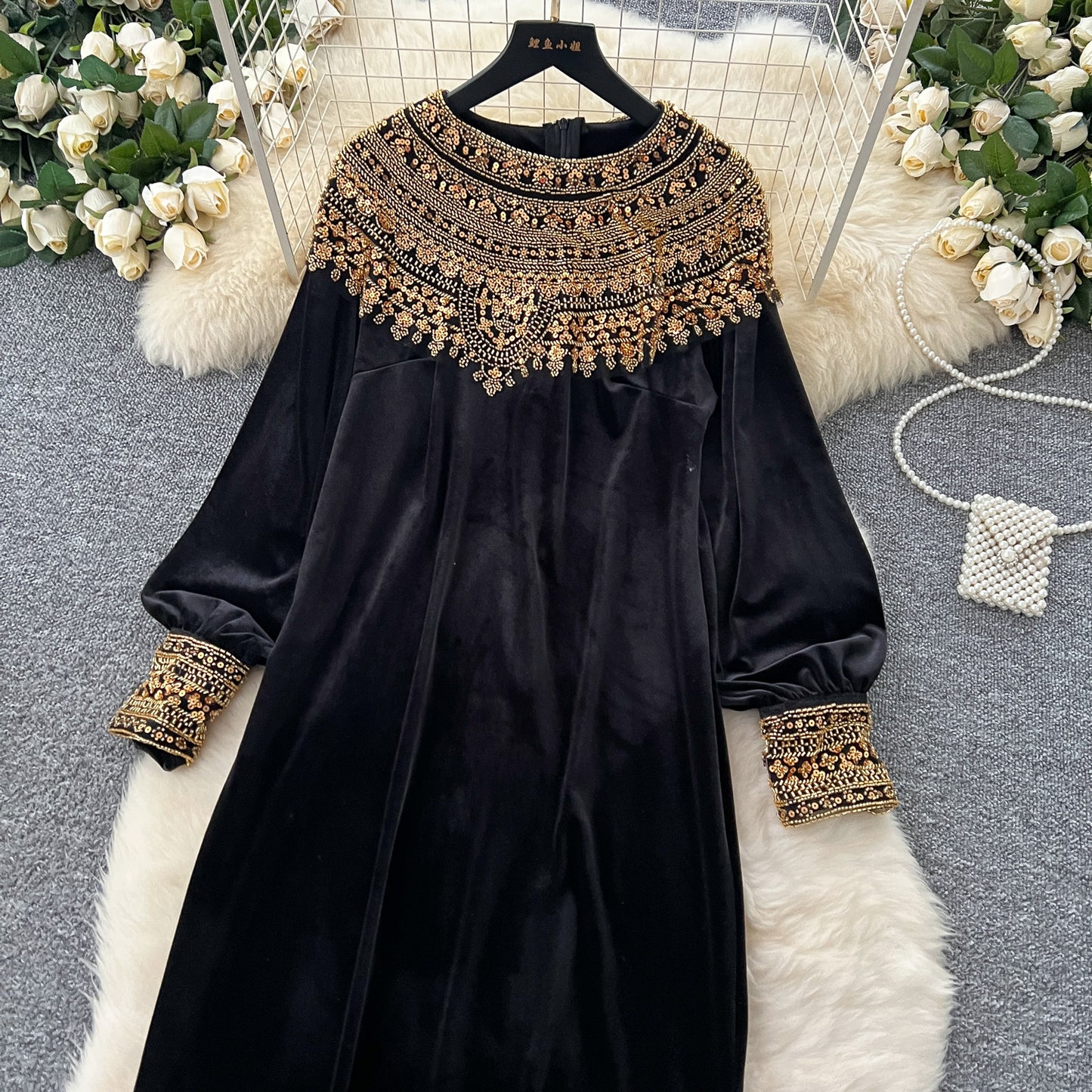 French style sequined beaded round neck long sleeve velvet dress loose slim slit long skirt R2235
