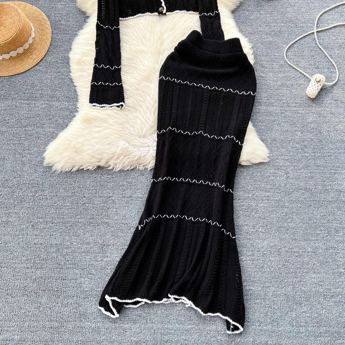 French style gentle hollow knitted cardigan jacket + slim hip fishtail skirt two-piece suit R2236