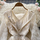 Gentle style waist slimming knee-length long sleeve A-line skirt elegant V-neck lace dress R2237