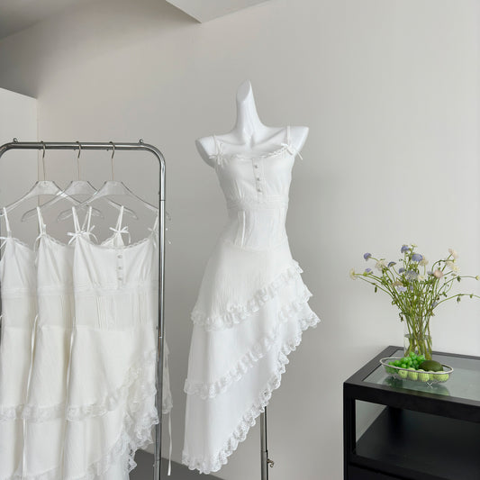 White holiday suspender dress 2025 irregular cake skirt waist long skirt R2058