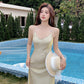 Shiny silk champagne mermaid v French sling slim long dress draped slim dress R1002