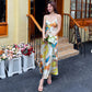 V-neck suspender dress 2025 new French style high-end temperament printed satin long skirt R1004