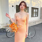 Temperament slim pure desire V-neck off-shoulder streamer sling psychedelic orange sling dress R1003