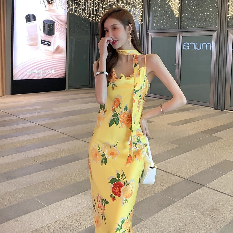 French style yellow floral suspender dress high-end niche design petite long skirt R1005
