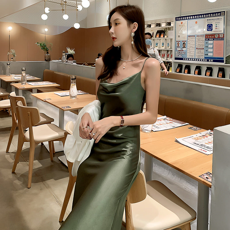 Green acetate satin silk suspender dress women's medium length 2025 new long skirt R1006