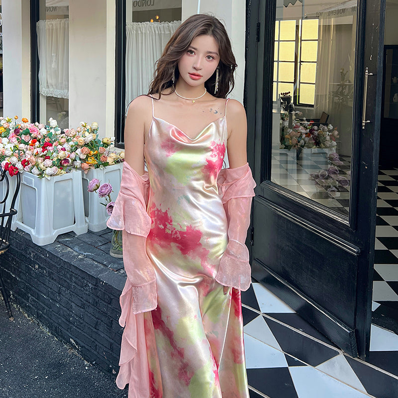 French retro print slim fairy dress sexy high-end pure desire wind collar suspender long dress R1007