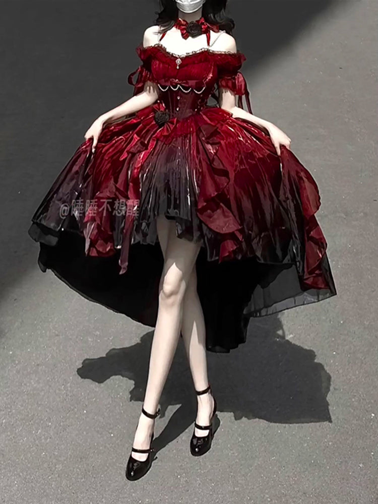 Red wedding dress lolita dress dress lolita heavy tail puffy princess skirt R1675