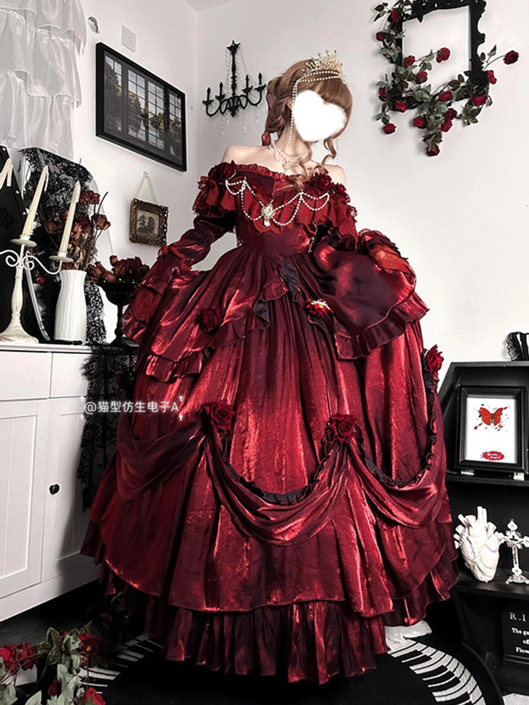 Blood red bride lolita dress dress rose flower heavy puffy princess dress R1676