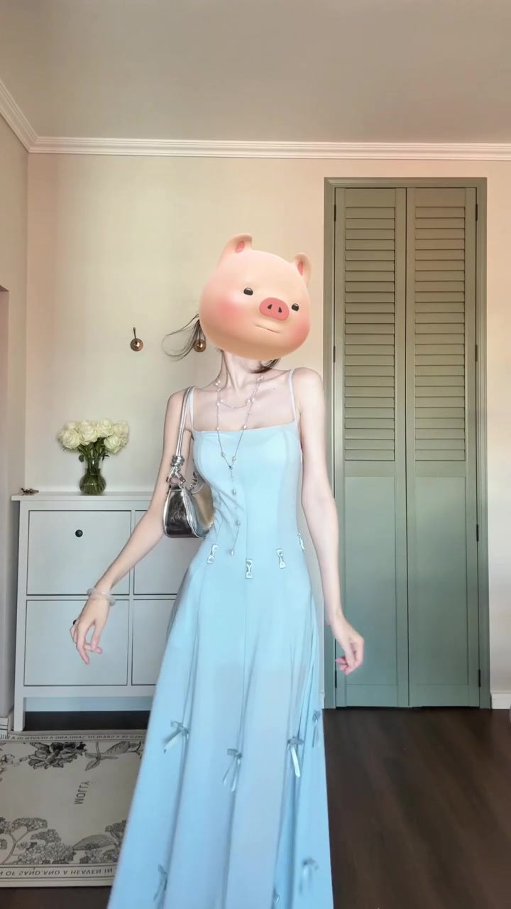 One dress for multiple wears, holiday style blue bow suspender dress, gentle temperament, beautiful long dress R0446