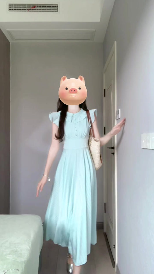 French blue small flying sleeve dress for vacation, beautiful, unique, gentle, waist-length dress R0448