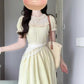Holiday gentle style yellow jacquard puff sleeve dress unique beautiful waist temperament long skirt R0447