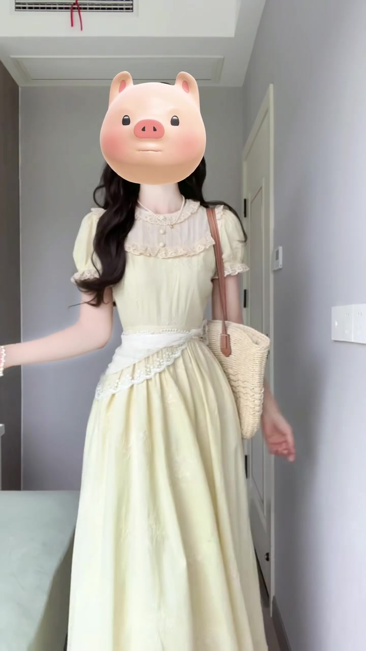 Holiday gentle style yellow jacquard puff sleeve dress unique beautiful waist temperament long skirt R0447