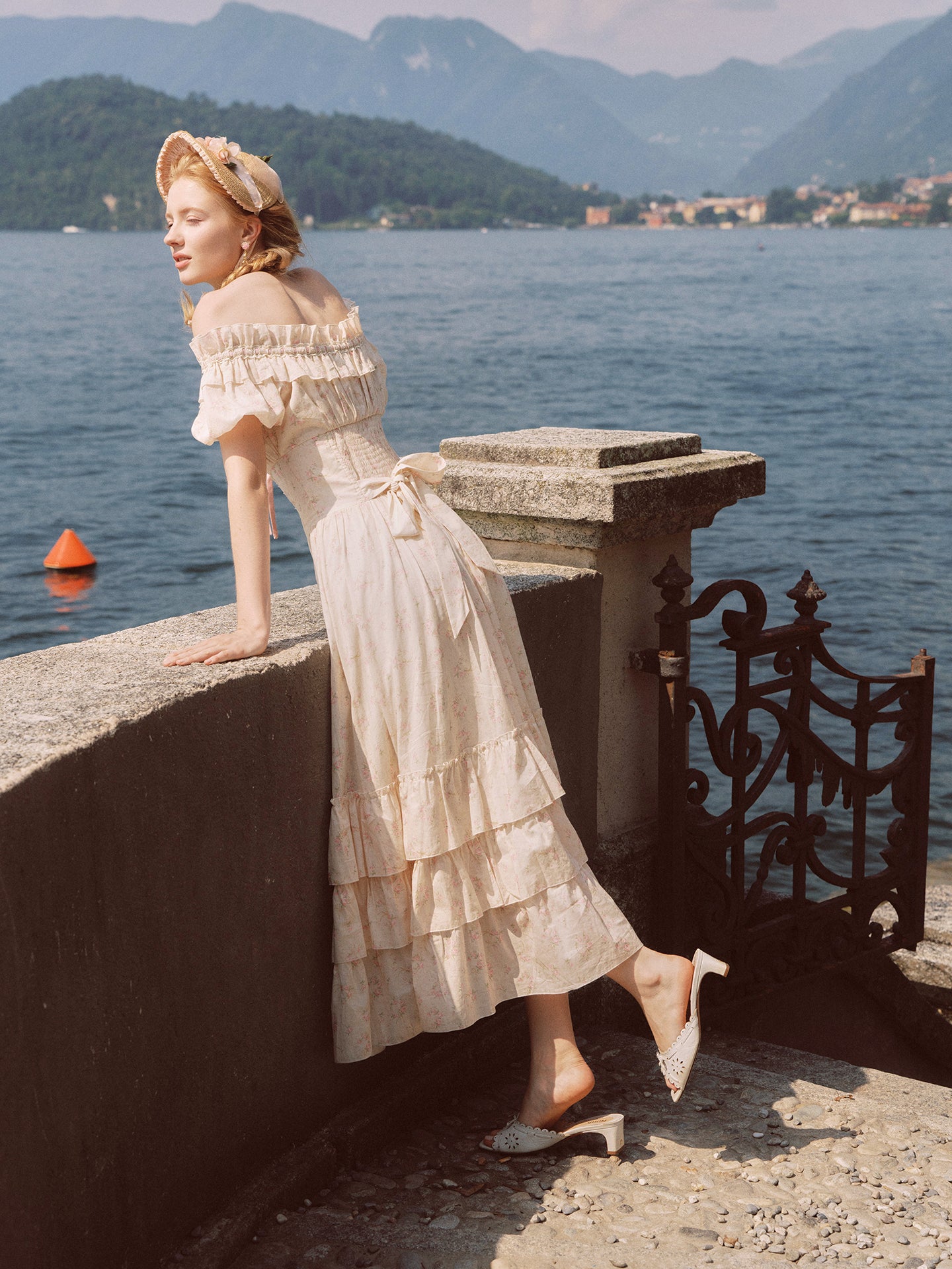 French pastoral style cake-style fishbone maxi dress with slim waist and cotton homecoming dress R5136