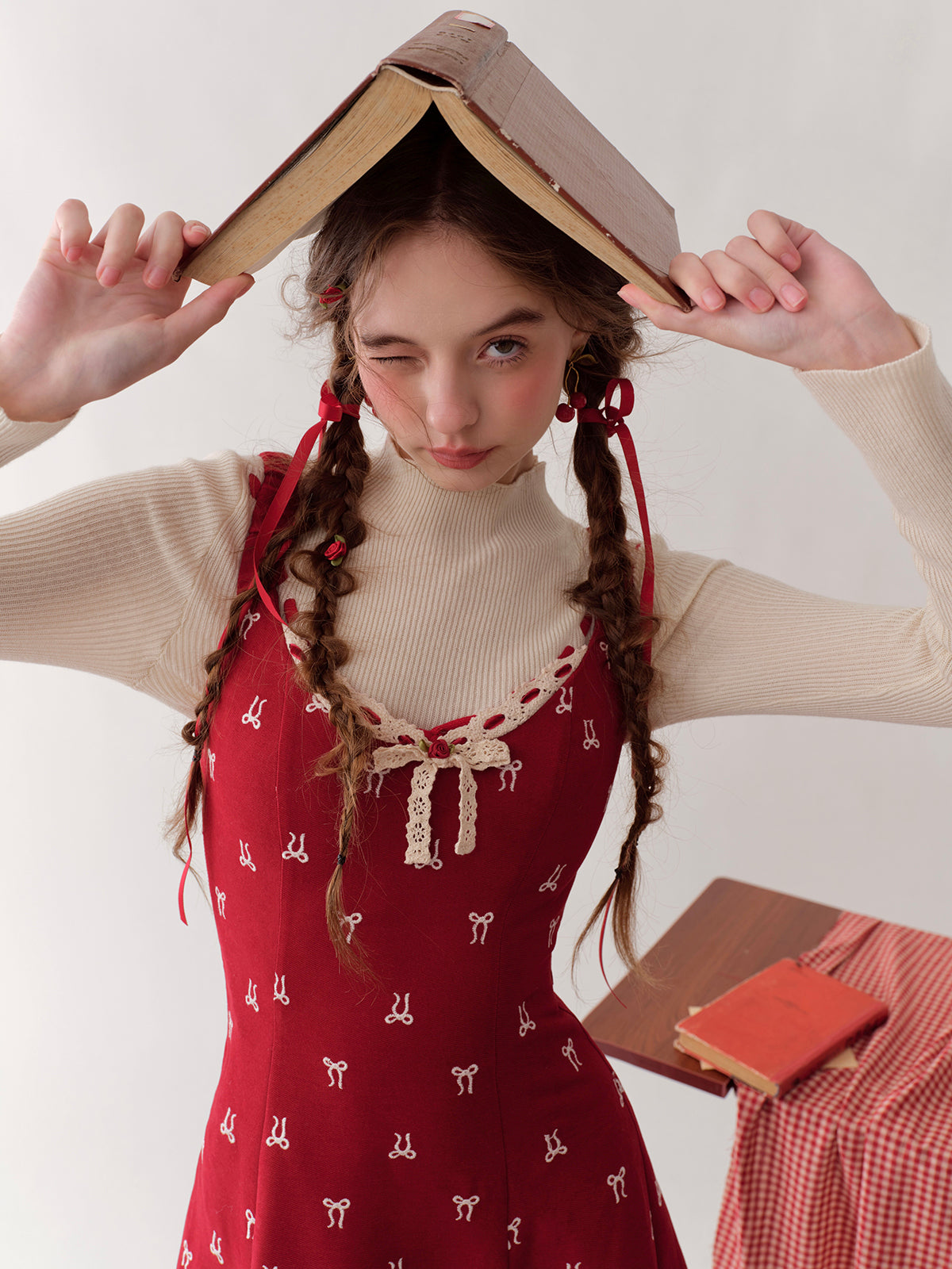 French girl playful bow red waist dress atmosphere homecoming dress R5147