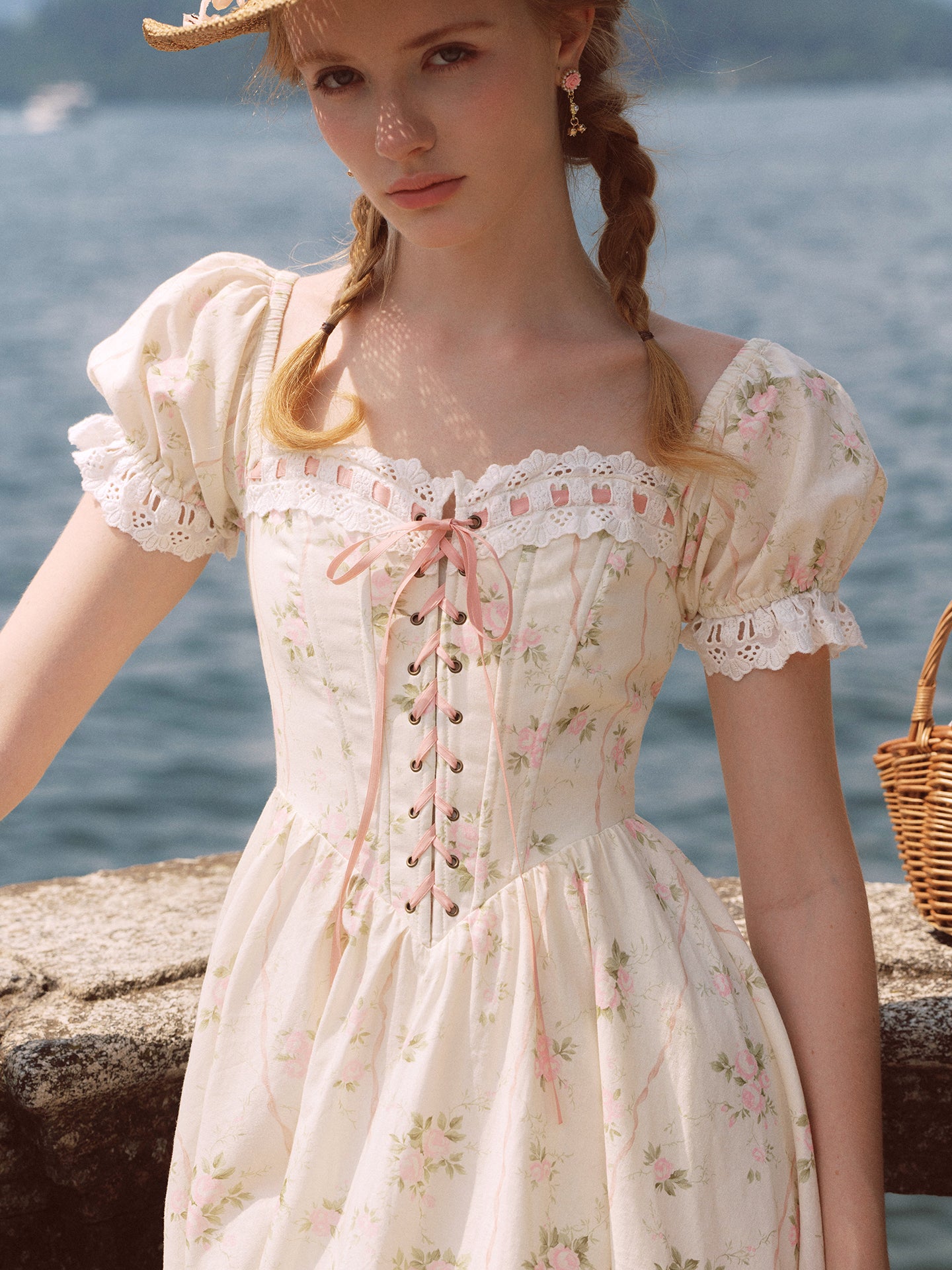 French design pastoral style printed slim fishbone corset dress homecoming dress R5163