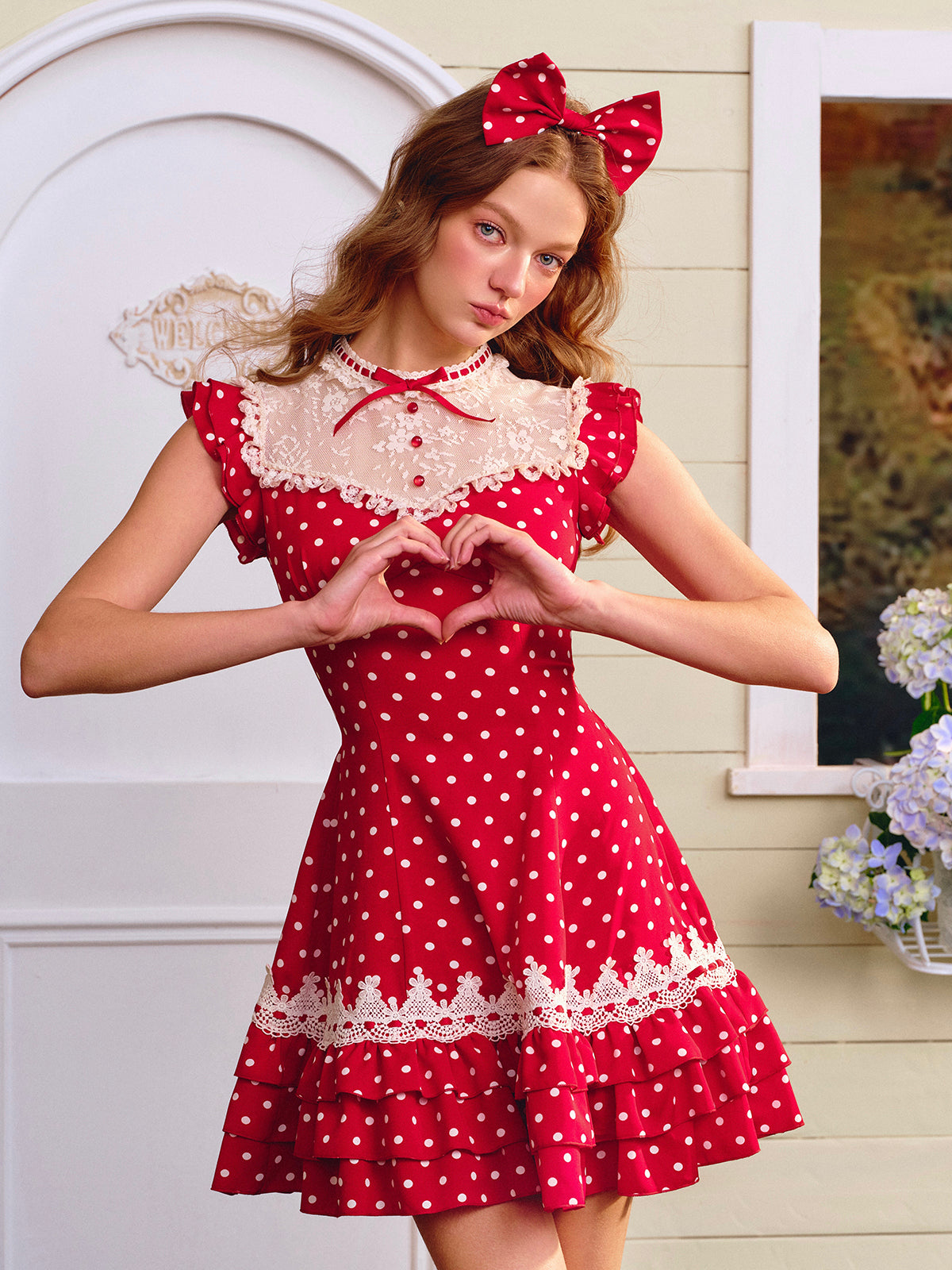 French Sweet College Polka Dot Lace Red Dress Long Short Homecoming Dress R5137