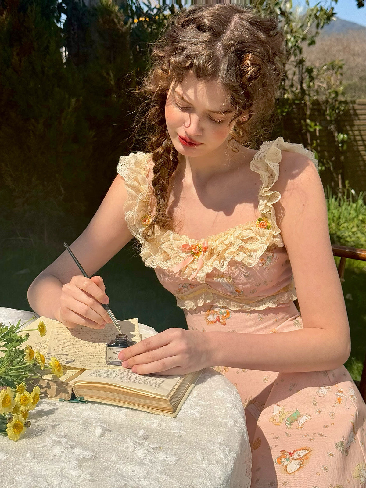 French Retro Pastoral Oil Painting Long Strap Printed Lace Dress Homecoming Dress R5151