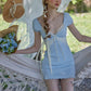 French pastoral style girly soft and versatile blue knitted dress homecoming dress R5148