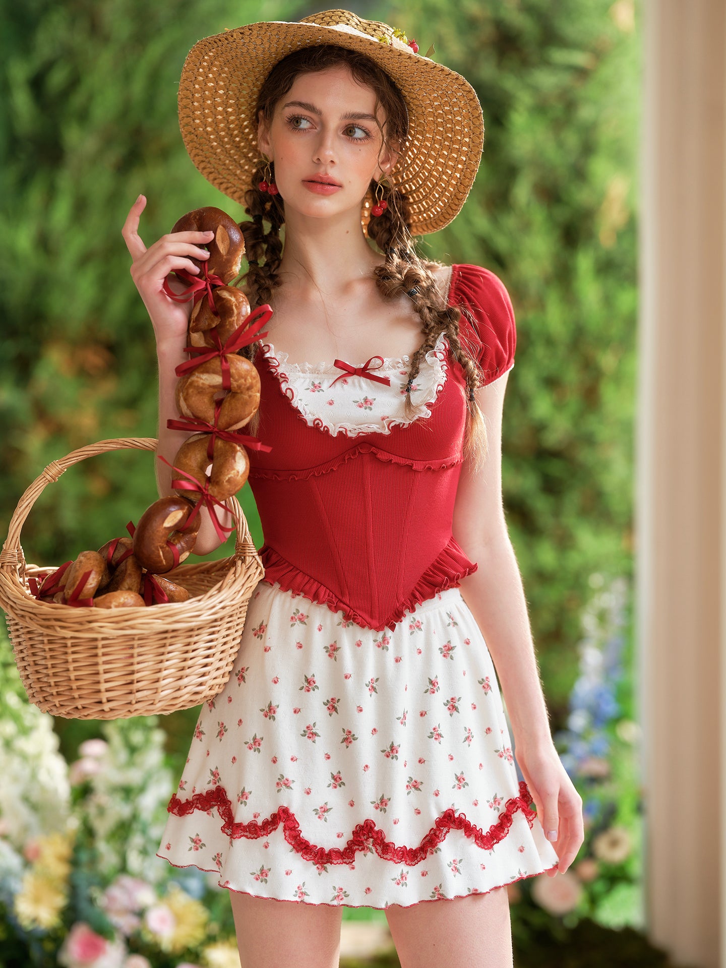 French style age-reducing college petite red short-sleeved top polka dot skirt suit homecoming dress R5142