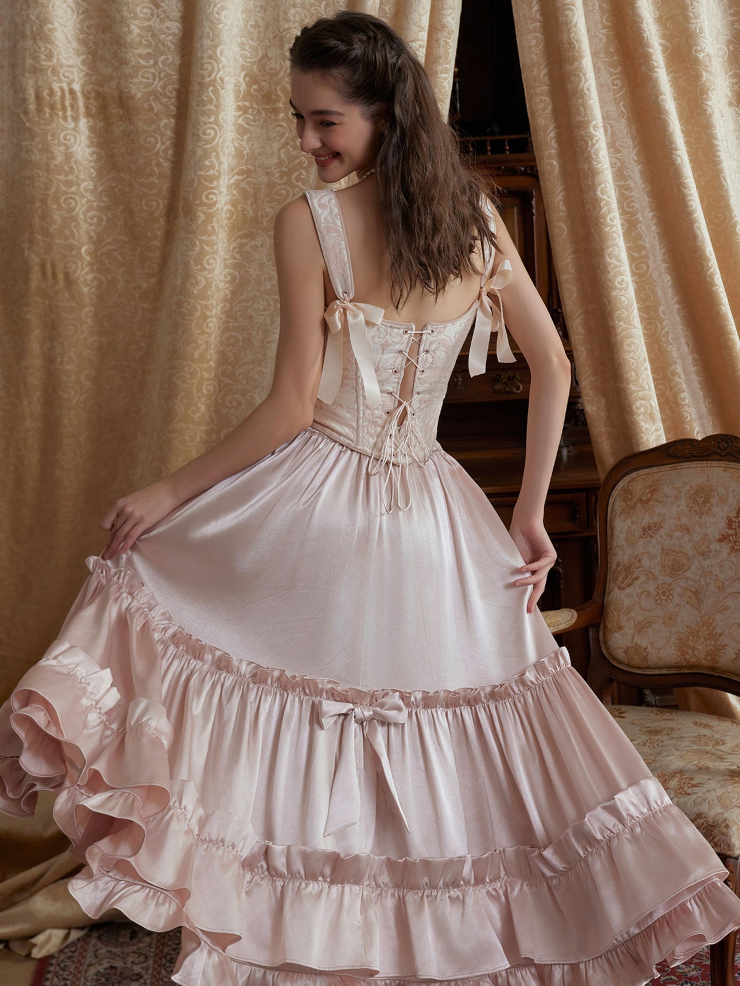 French ruffled satin pink long skirt homecoming dress R5154