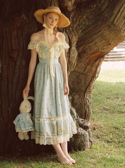 French pastoral style heavy embroidery lace splicing suspender long dress homecoming dress R5145