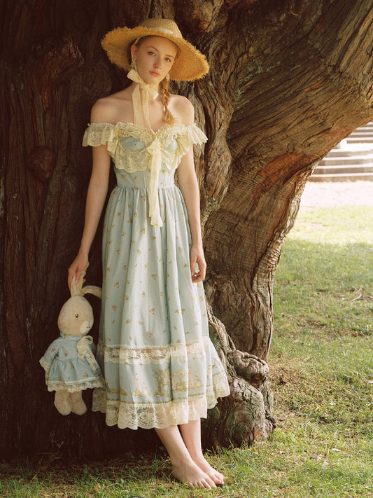 French pastoral style heavy embroidery lace splicing suspender long dress homecoming dress R5145