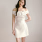 White silk satin elastic one-shoulder bow waisted girlish dress R5171