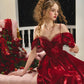 French style one-shoulder waist fishbone dress red evening dress homecoming dress R5153