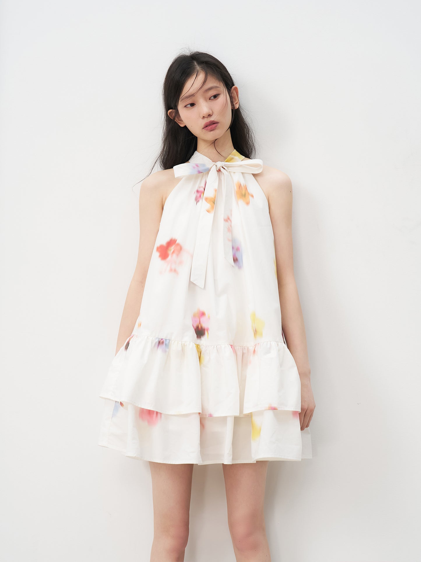 Sleeveless Floral Bow Tie Halter Dress with Ruffled Hem Tutu Skirt R5169