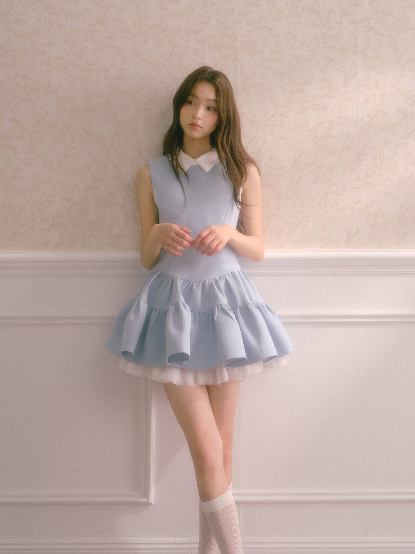 Blue shirt collar vest dress with multi-layered puffy patchwork waist sleeveless dress R5174