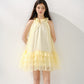 Bright yellow lace-up sleeveless dress, loose multi-layered ruffled cake skirt R5170