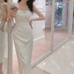 Satin chain suspender dress French waist high-end slit irregular skirt R1497